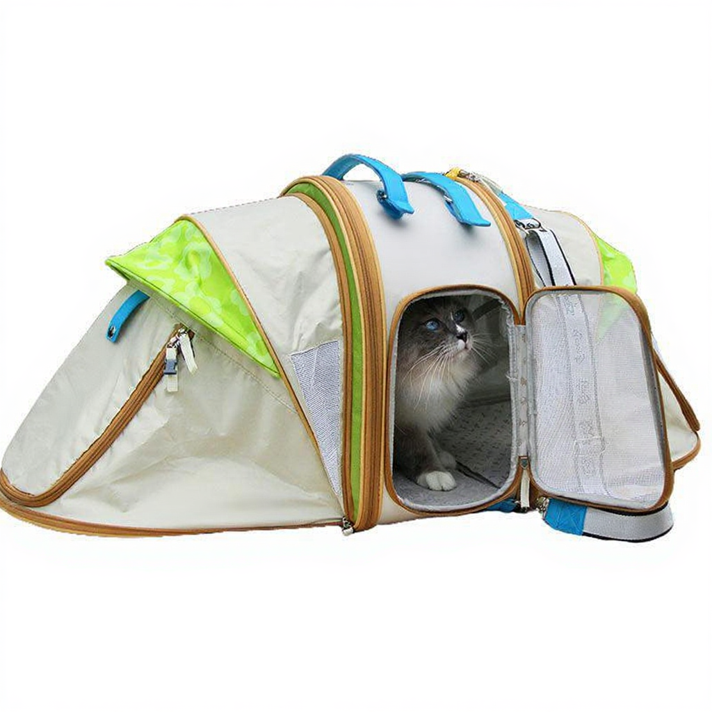 Catvera Foldable Cat Carrier Tent - Image 13|||PROMPT|||Cleaned image. Original analysis: found multiple brand names and logos printed directly on the product: 'Big bibi' text on the left side, 'oosd' branding, and what appears to be additional brand markings on the straps and patches