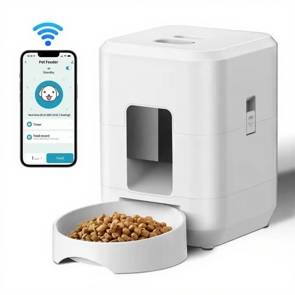 Catvera Smart WiFi Automatic Pet Feeder - Image 8|||PROMPT|||Cleaned image. Original analysis: Found 1 brand name/logo on the physical product - 'PET' text visible on the feeder door, plus WiFi icon and app interface showing 'Pet Feeder' branding in the mobile app overlay