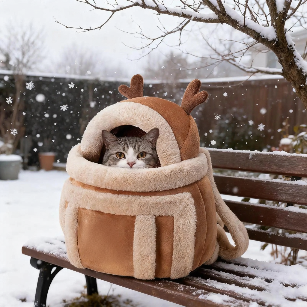 Reindeer Winter Cat Carrier Bed - Image 6|||PROMPT|||Cleaned image. Original analysis: Found 1 brand name embroidered/stitched on the pet carrier fabric