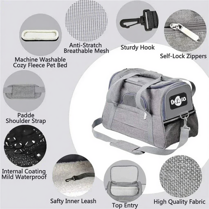 Airline-Approved Pet Travel Backpack Carrier - Image 3|||PROMPT|||Cleaned image. Original analysis: Found 1 logo/brand mark on the product itself - a small brand logo visible on the mesh panel of the pet carrier bag in the center image