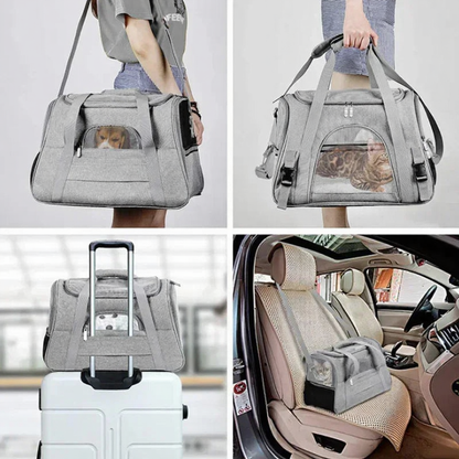 Airline-Approved Pet Travel Backpack Carrier - Image 5|||PROMPT|||Cleaned image. Original analysis: Found 1 brand name text visible on the product - 'IBIYAYA' or similar branding appears to be printed/embossed on the pet carrier bag fabric in the upper left area of the top left image