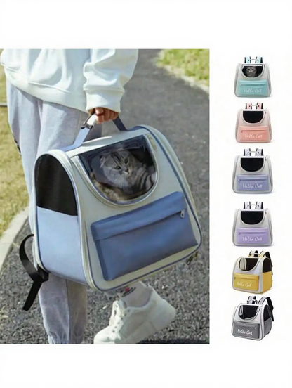 Bubble Window Pet Backpack Carrier - Image 5|||PROMPT|||Cleaned image. Original analysis: Found brand name 'Hello Cat' printed on the pet carrier backpack in the main product image and repeated on all 6 color variant options shown on the right side
