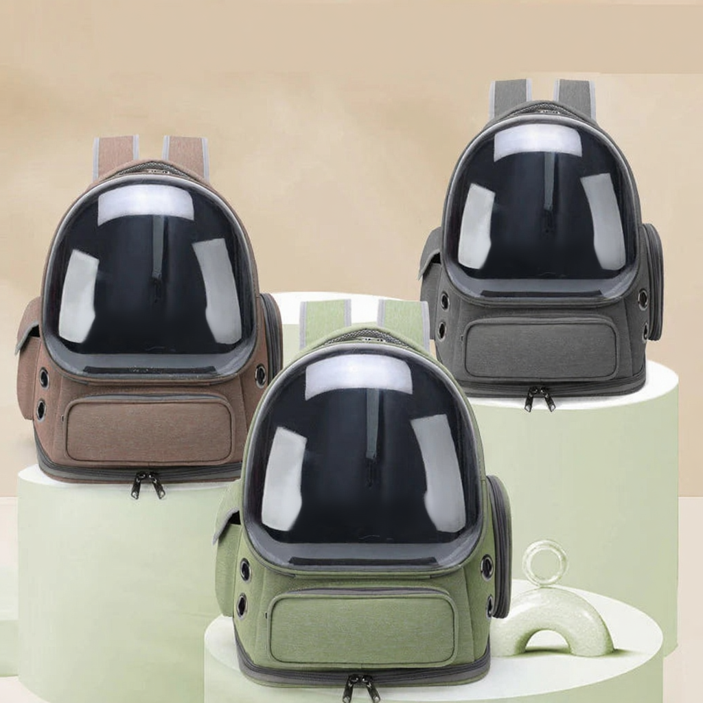 Bubble Window Pet Carrier Backpack - Image 5|||PROMPT|||Cleaned image. Original analysis: Found 3 instances of the brand name 'moofpet' embossed/printed on the bubble windows of each backpack carrier