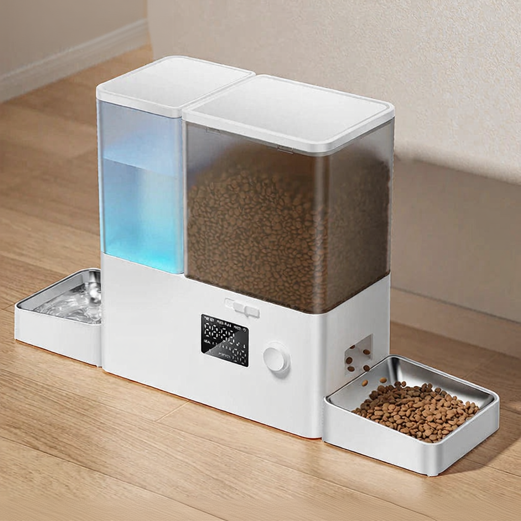 Catvera 2-in-1 Automatic Pet Feeder - Image 1|||PROMPT|||Cleaned image. Original analysis: Found 2 brand names: 'ROJECO' watermark in yellow/orange box in top left corner, and 'ROJECO' text printed on the white product body below the digital display