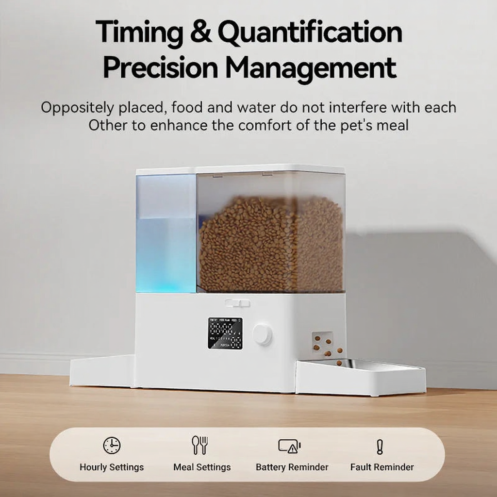 Catvera 2-in-1 Automatic Pet Feeder - Image 4|||PROMPT|||Cleaned image. Original analysis: found 1 brand name printed on the product and 1 watermark in the image