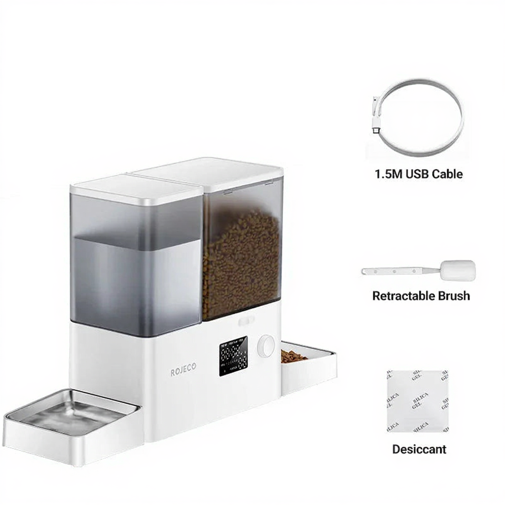 Catvera 2-in-1 Automatic Pet Feeder - Image 7|||PROMPT|||Cleaned image. Original analysis: Found 1 brand name 'ROJECO' printed on the product body