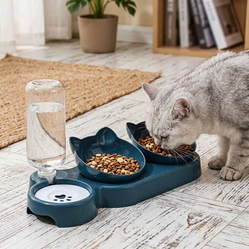 Catvera 3-in-1 Tilted Cat Bowl Set - Ergonomic Health Design