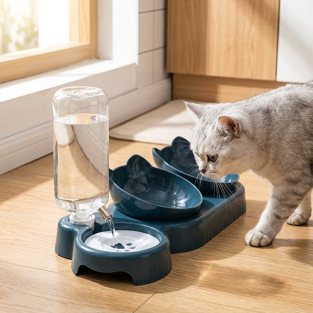 Catvera 3-in-1 Tilted Cat Bowl Set - Automatic Water System