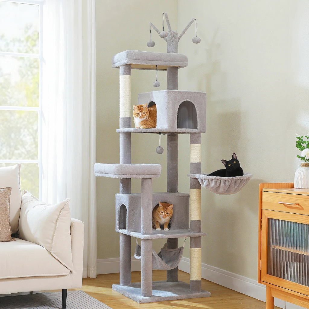 Catvera 6-Level Cat Tree Tower - Image 5|||PROMPT|||Cleaned image. Original analysis: found 1 watermark - 'PURRPURCAT' text overlay in orange in the top left corner