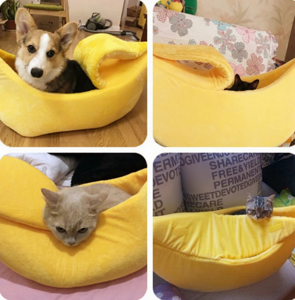 Catvera Banana Shaped Cat Bed - Image 5|||PROMPT|||Cleaned image. Original analysis: Found 1 watermark/text overlay visible in the bottom right image containing the word 'LOVE' repeated with other text on what appears to be a pillow or cushion inside the banana bed