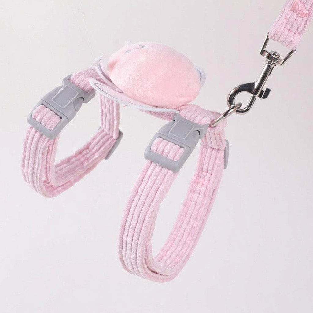 Catvera Bee Harness Leash Set - Image 6|||PROMPT|||Cleaned image. Original analysis: Found a small yellow/orange brand logo or watermark on the pink pet harness head piece (upper left area of the main harness component)