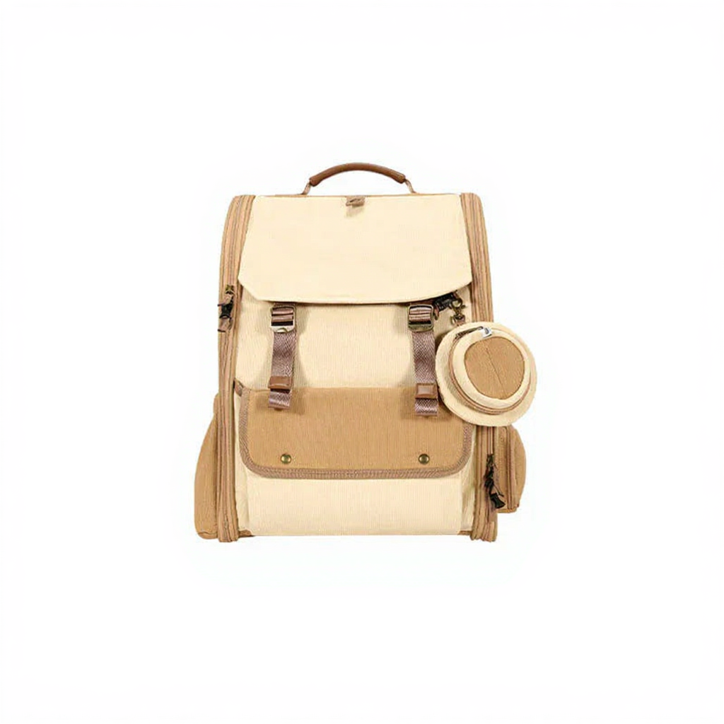 Catvera Bubble Window Travel Carrier - Image 1|||PROMPT|||Cleaned image. Original analysis: Found 1 brand name embossed/printed on the backpack fabric and 1 brand label on the circular attached accessory