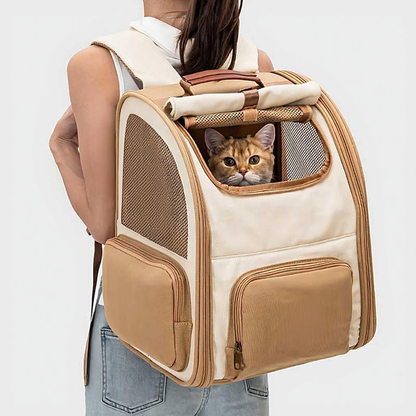 Catvera Bubble Window Travel Carrier - Image 11|||PROMPT|||Cleaned image. Original analysis: Found 1 brand name printed on the product: 'Boppel' visible on the blue circular fan/attachment on the left side of the backpack