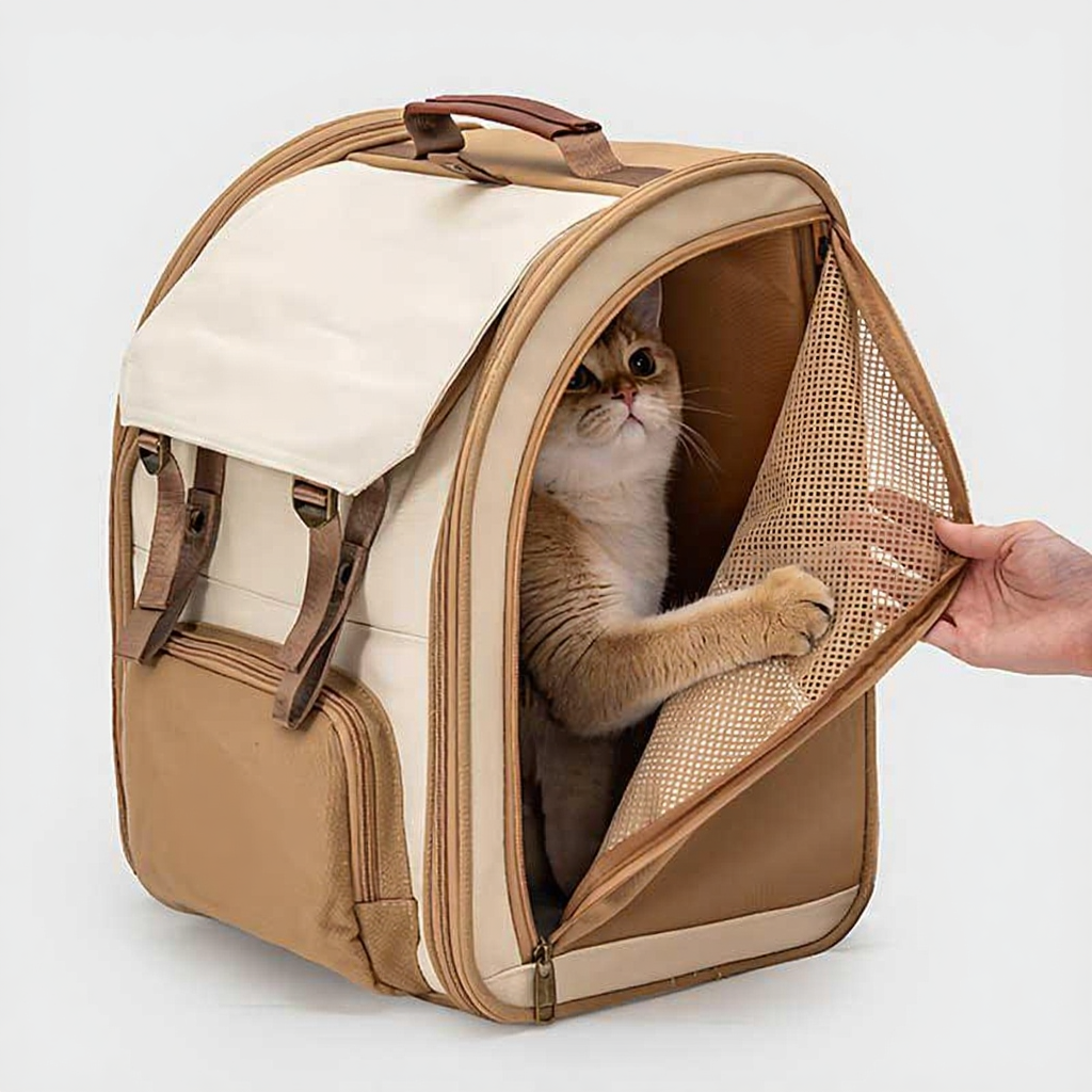 Catvera Bubble Window Travel Carrier - Image 12|||PROMPT|||Cleaned image. Original analysis: Found 1 brand name/logo on the product - a brown leather patch/label visible on the front lower left area of the backpack carrier