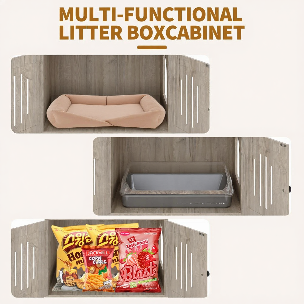 Catvera Cat Tree Litter Cabinet - Image 2|||PROMPT|||Cleaned image. Original analysis: Found multiple brand names and logos on snack packages visible in the bottom compartment, including 'Lay's', 'Corn Curl', and 'Blast' branding on the chip/snack bags