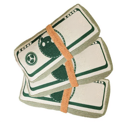 Catvera Catnip Chew Bite Pillow - Image 2|||PROMPT|||Cleaned image. Original analysis: Found multiple U.S. currency markings and text on the $100 bills including 'ONE HUNDRED DOLLARS', 'UNITED STATES OF AMERICA', serial numbers, and the Federal Reserve seal. Also found an orange/tan fabric band wrapper with text printed on it.