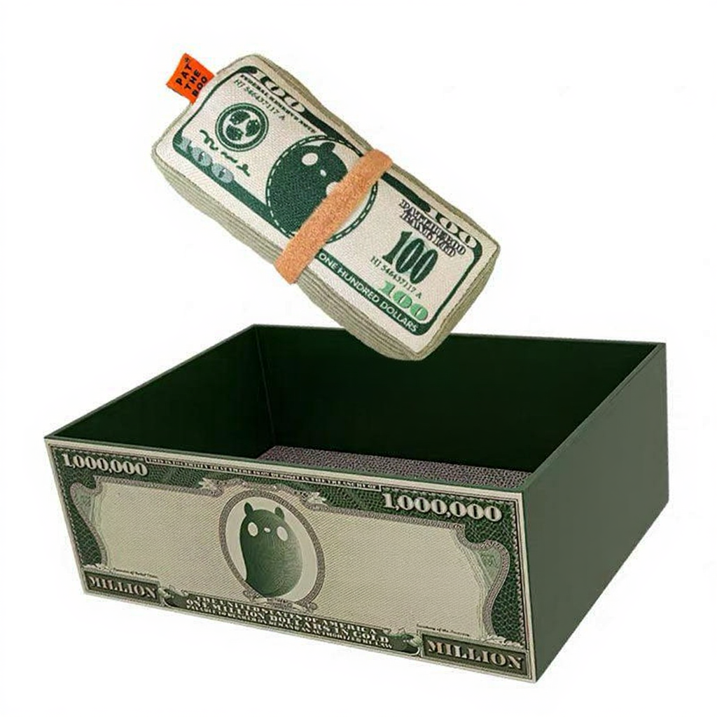 Catvera Catnip Chew Bite Pillow - Image 4|||PROMPT|||Cleaned image. Original analysis: Found multiple brand names and text elements printed on the product: 'MONEY HOME' text on the box sides, 'TIME & MONEY' text on the right side, and various denominations/text on the currency imagery