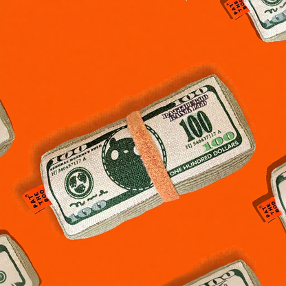 Catvera Catnip Chew Bite Pillow - Image 7|||PROMPT|||Cleaned image. Original analysis: Found 1 brand name and 1 watermark: 'MEWCATS' text overlay in top left corner, and 'BLUE PRICE TAG' orange tags visible on multiple money bundles throughout the image