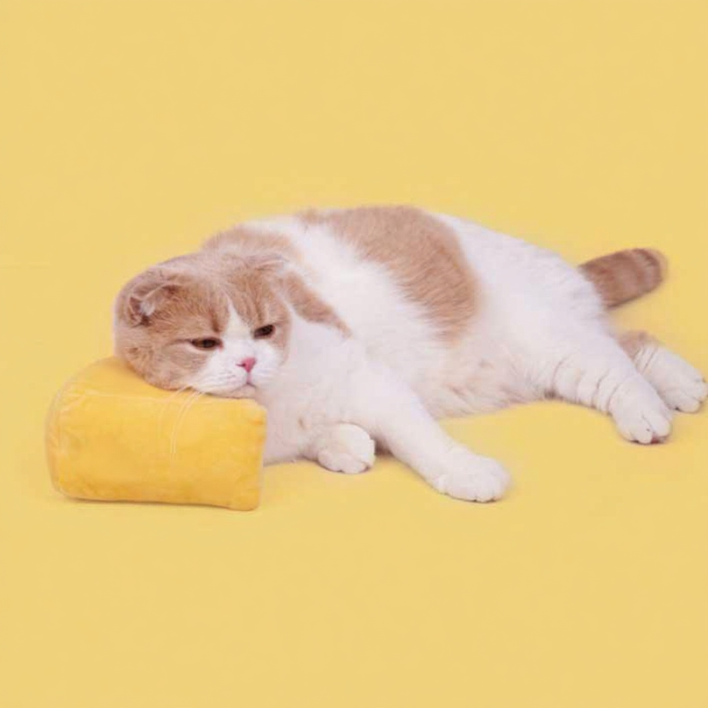 Catvera Cheese Catnip Plush Toy - Image 6|||PROMPT|||Cleaned image. Original analysis: found 1 brand name/logo on the toy cheese product