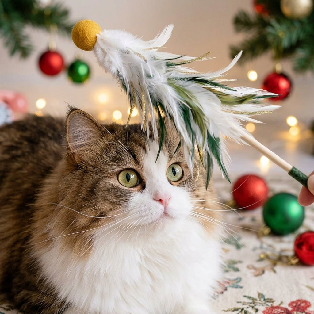 Catvera Christmas Holiday Feather Teaser Wand - Holiday Magic for Cats