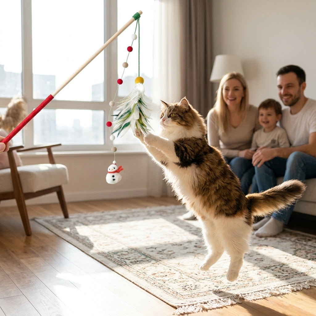 Catvera Christmas Holiday Feather Teaser Wand - Year-Round Interactive Fun