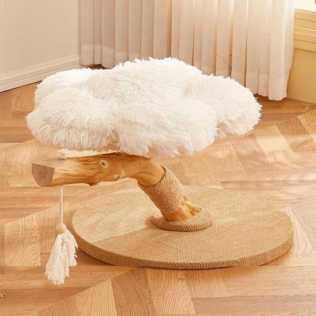Catvera Cloudy Flower Cat Tree - Image 9|||PROMPT|||Cleaned image. Original analysis: Found 1 brand name/watermark on the product - a small white text label visible on the tan/beige circular mat base