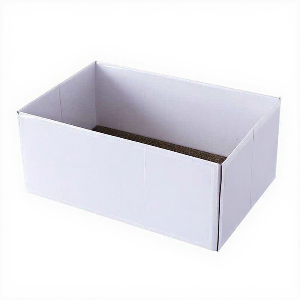 Catvera Corrugated Cat Scratcher Bed - Image 1|||PROMPT|||Cleaned image. Original analysis: found multiple circular seal/logo watermarks on the box surfaces and orange fruit branding graphics