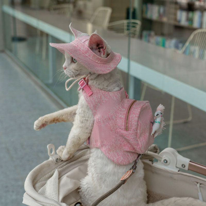 Catvera Cowboy Cat Harness Hat Set - Image 1|||PROMPT|||Cleaned image. Original analysis: Found brand name 'Keep Smile' printed on the pink harness/vest worn by the cat, and a small decorative toy with branding attached to the carrier