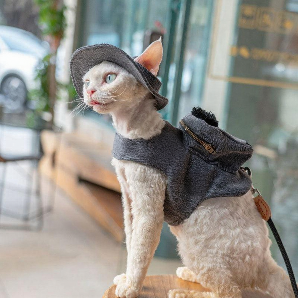 Catvera Cowboy Cat Harness Hat Set - Image 10|||PROMPT|||Cleaned image. Original analysis: Found 1 brand name stitched/embossed on the product - 'BELLO' visible on the backpack/carrier fabric worn by the cat