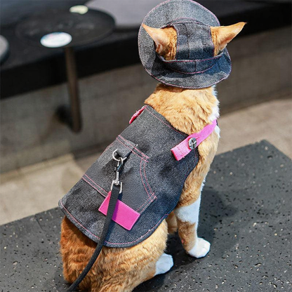 Catvera Cowboy Cat Harness Hat Set - Image 29|||PROMPT|||Cleaned image. Original analysis: Found 1 brand logo on the product - a circular badge/emblem visible on the denim jacket/harness worn by the dog
