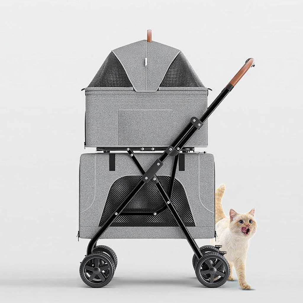 Catvera Detachable Double Cat Stroller Carrier - Image 4|||PROMPT|||Cleaned image. Original analysis: Found 2 brand names: 'MEWCATS' watermark text in top left corner, and 'bello' brand name printed on the top canopy of the stroller product itself