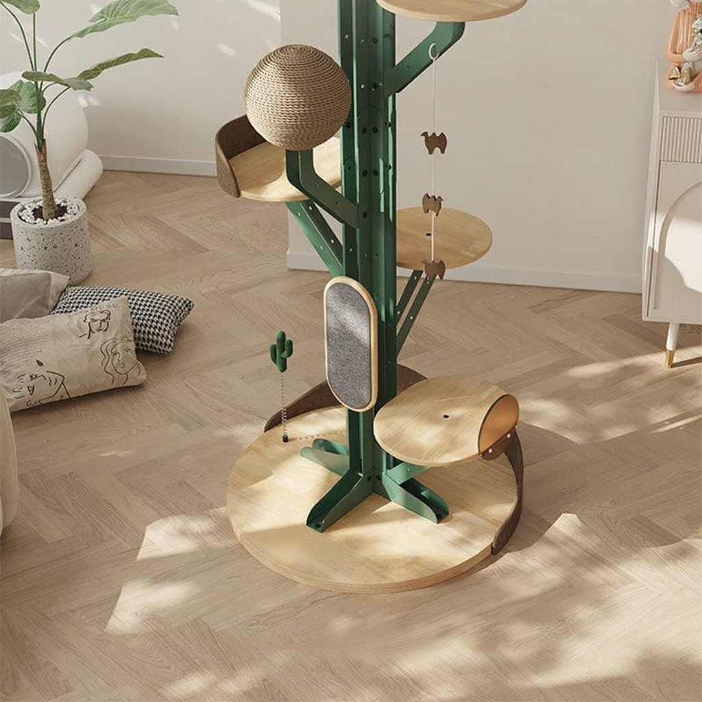 Catvera DIY Modular Cactus Cat Tree - Image 9|||PROMPT|||Cleaned image. Original analysis: Found 1 brand name/watermark on the product - a small label/nameplate visible on the wooden base of the cat tree structure