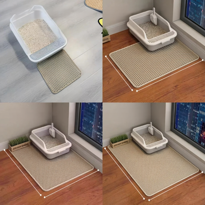 Catvera Double Layer Litter Mat - Image 6|||PROMPT|||Cleaned image. Original analysis: Found 1 brand name visible on the product mat in the bottom left images