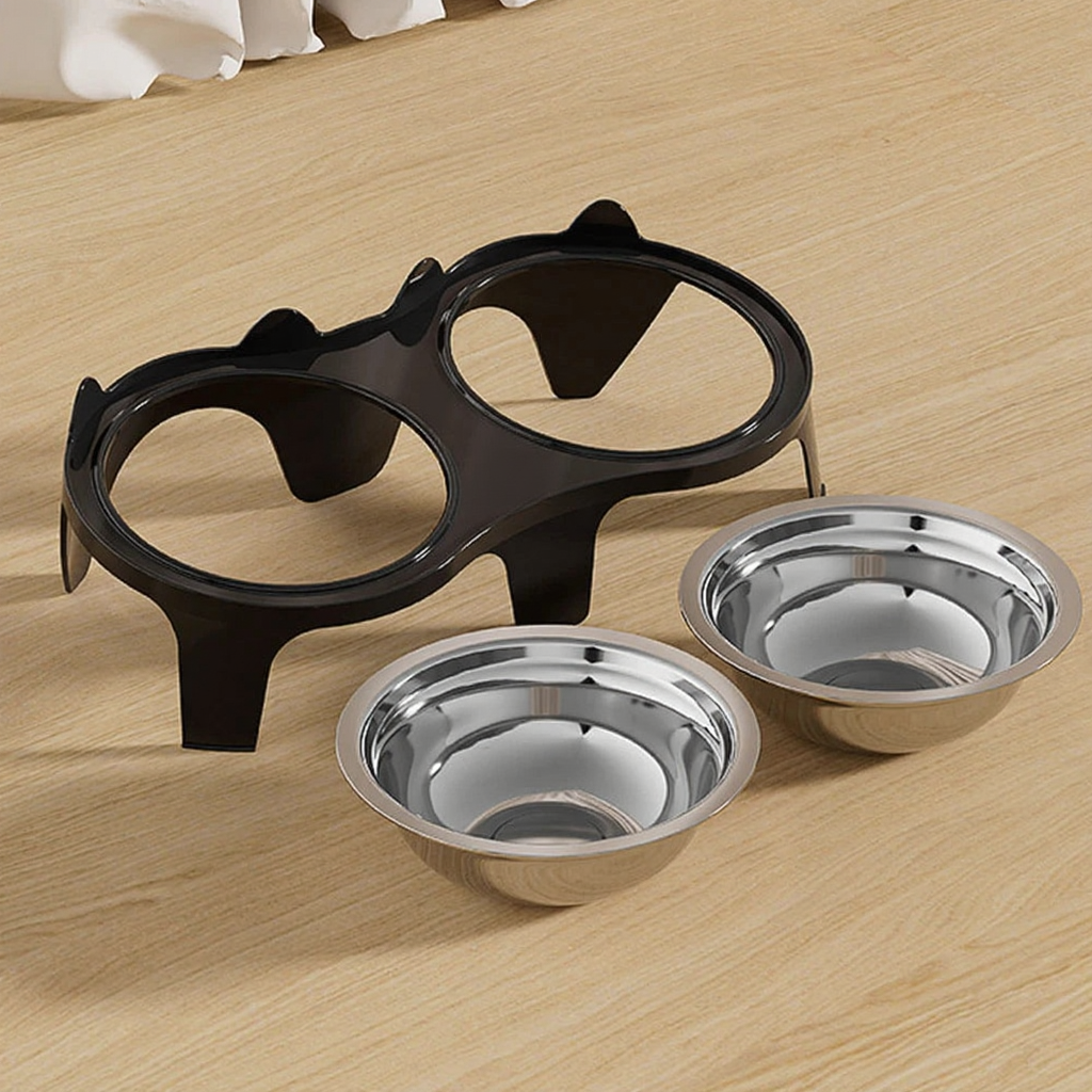 Catvera Elevated Double Bowl Feeder - Image 4|||PROMPT|||Cleaned image. Original analysis: Found 1 small brand logo/mark on the black cat-shaped stand - appears as a small embossed or printed mark on the center of the stand between the two bowls