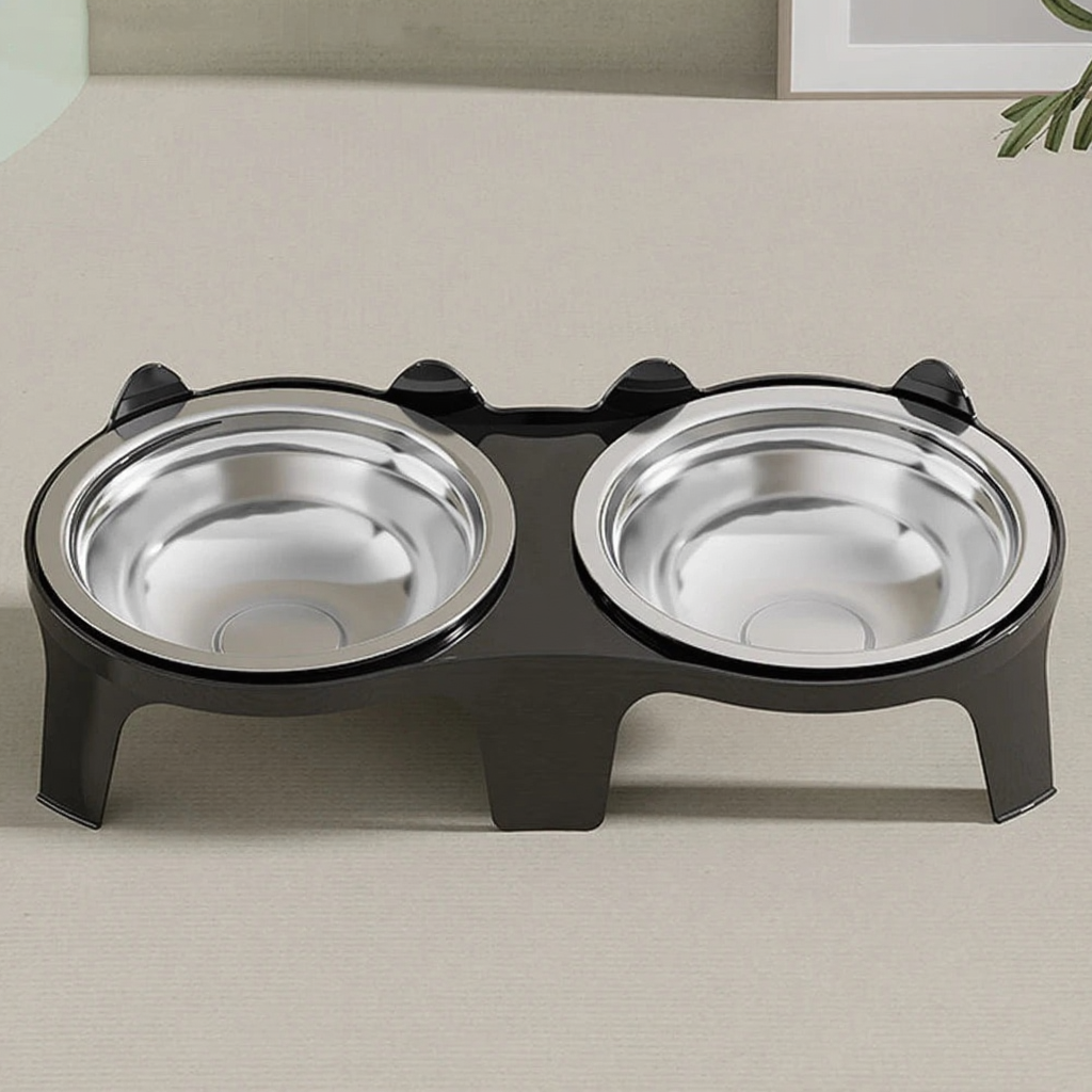 Catvera Elevated Double Bowl Feeder - Image 7|||PROMPT|||Cleaned image. Original analysis: Found 1 small paw print logo/watermark on the black base of the pet feeding stand