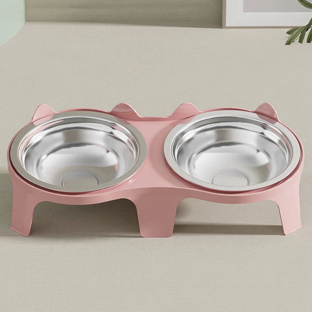 Catvera Elevated Double Bowl Feeder - Image 9|||PROMPT|||Cleaned image. Original analysis: Found 1 small paw print logo/branding on the pink product base