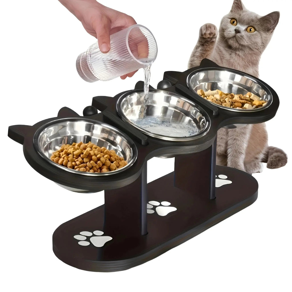 Catvera Elevated Triple Bowl Feeding Station - Image 1|||PROMPT|||Original clean product image