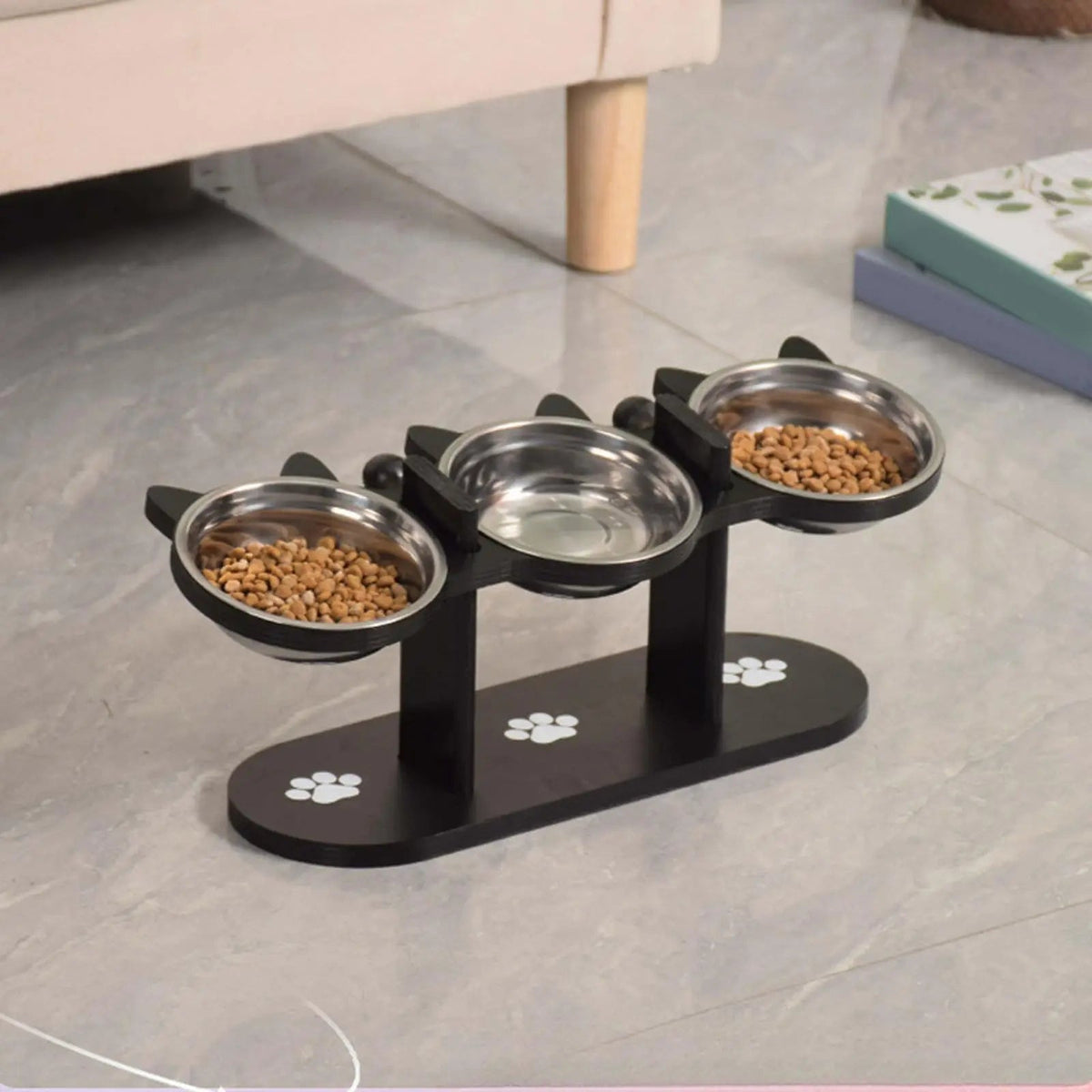 Catvera Elevated Triple Bowl Feeding Station - Image 5|||PROMPT|||Original clean product image