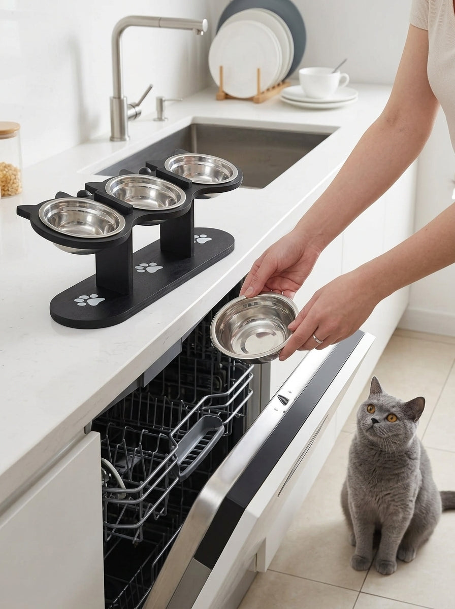 Catvera Elevated Triple Bowl Feeding Station - Easy Cleaning & Maintenance