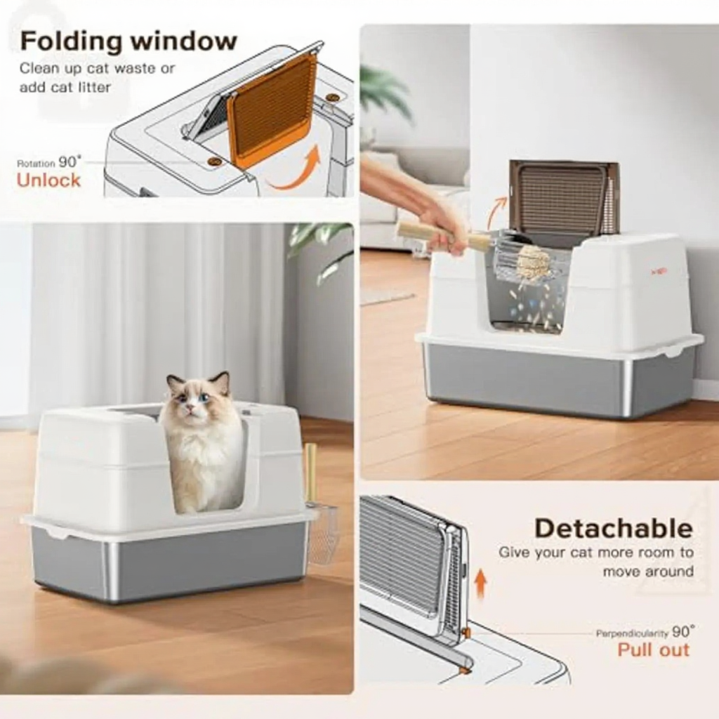 Catvera Enclosed Steel Litter Box - Image 4|||PROMPT|||Cleaned image. Original analysis: Found 3 instances of branding: 'FLIP' text watermark in the top right area, 'OPEN' text watermark in the bottom left area, and 'oneborn' brand name printed on the product itself (visible on the white litter box body)