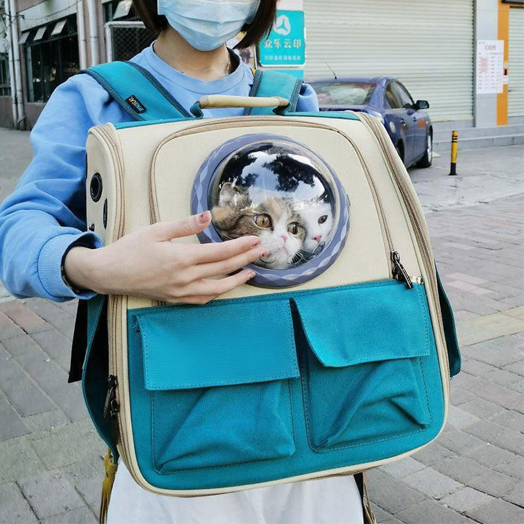 Catvera Expandable Canvas Cat Carrier Backpack - Image 1|||PROMPT|||Cleaned image. Original analysis: Found 1 brand name printed directly on the pet carrier backpack fabric, found 1 Chinese text sign in background, found 1 brand name on vehicle in background