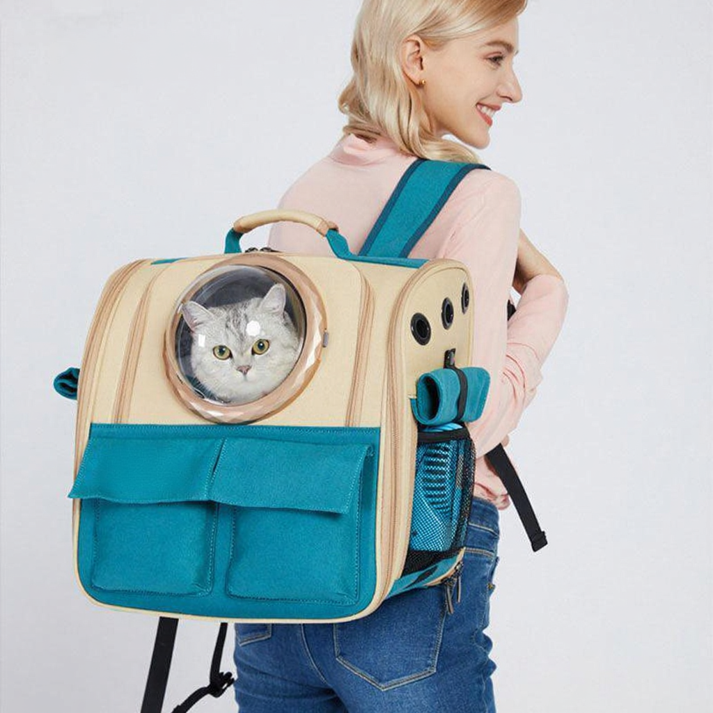 Catvera Expandable Canvas Cat Carrier Backpack - Image 12|||PROMPT|||Cleaned image. Original analysis: found 2 brand names: 'MEWCATS' watermark text in top left corner, and 'SpaceCat' brand name stitched on the backpack fabric