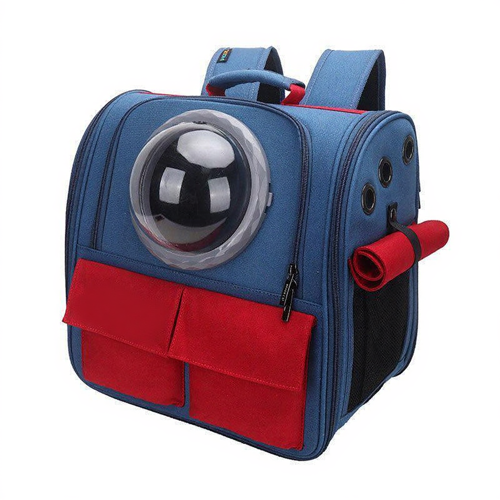 Catvera Expandable Canvas Cat Carrier Backpack - Image 5|||PROMPT|||Cleaned image. Original analysis: found 1 brand name printed on the product - 'Spacecat' text visible on the red front pocket area