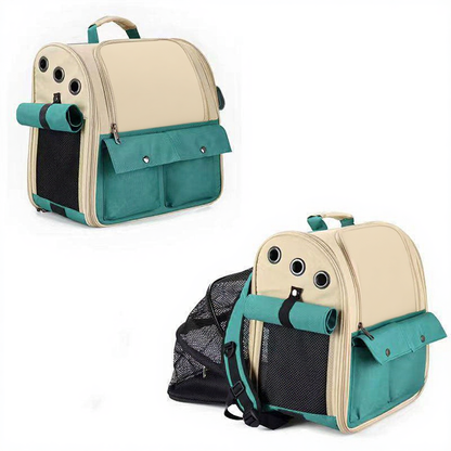 Catvera Expandable Canvas Cat Carrier Backpack - Image 7|||PROMPT|||Cleaned image. Original analysis: Found 1 brand logo/emblem on the product - a brown/orange circular badge visible on the upper right area of the backpack in both images