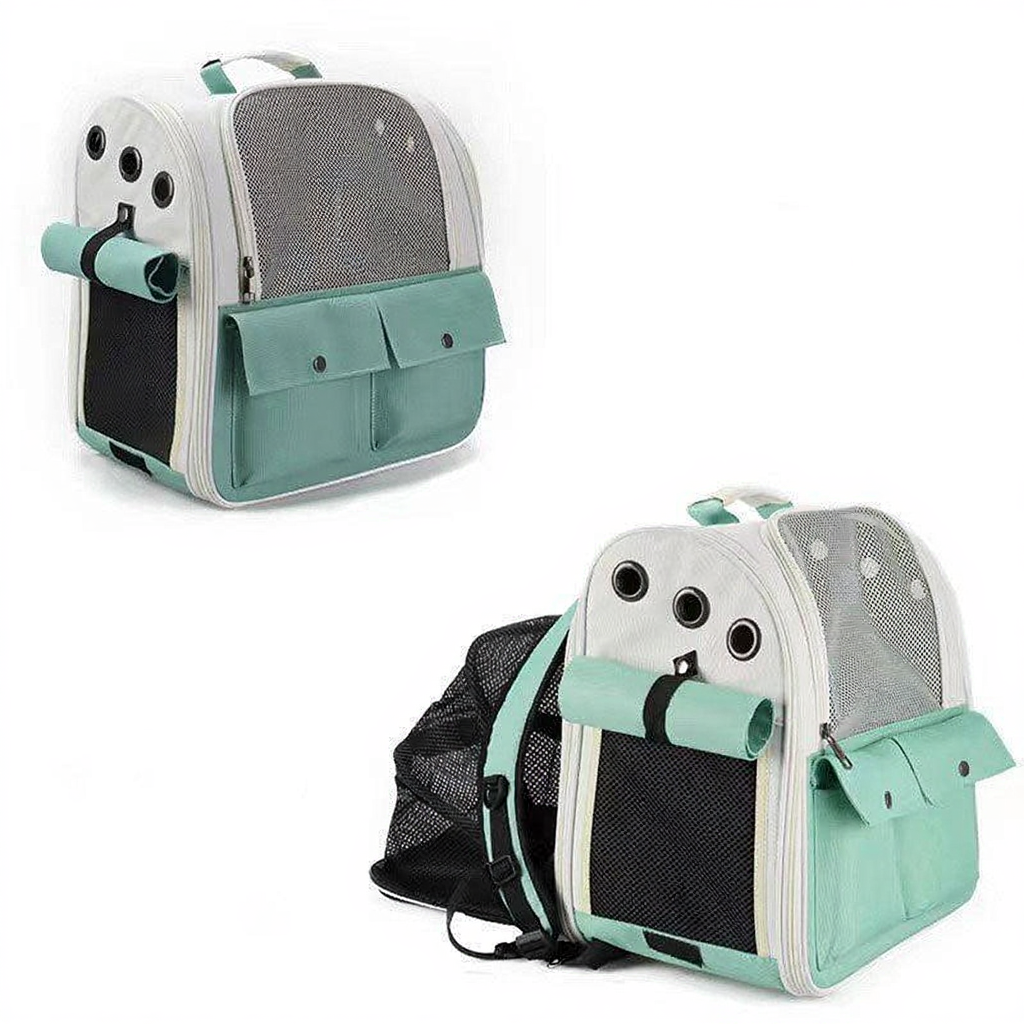 Catvera Expandable Canvas Cat Carrier Backpack - Image 8|||PROMPT|||Cleaned image. Original analysis: Found 1 brand name/logo on the product: a small brown/orange label or logo visible on the mesh panel of the backpack in both views.