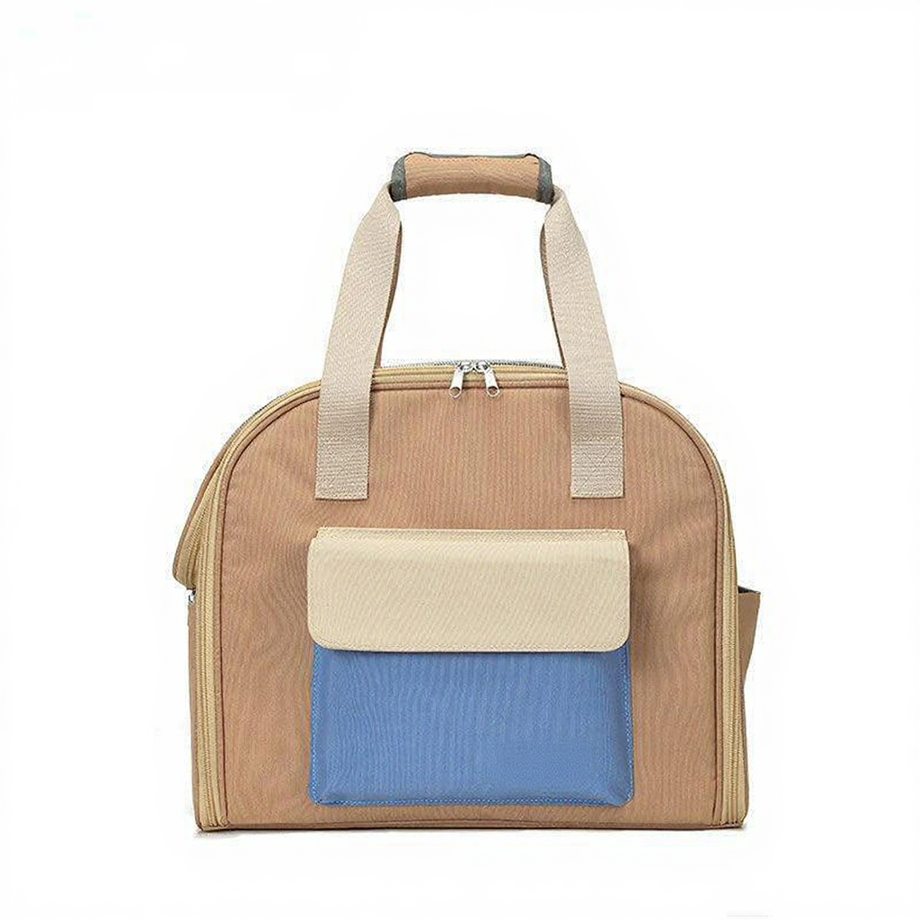 Catvera Expandable Foldable Cat Carrier Tote - Image 1|||PROMPT|||Cleaned image. Original analysis: found 1 brand name logo on the product - 'FluffyBaby' label on the blue pocket section of the bag