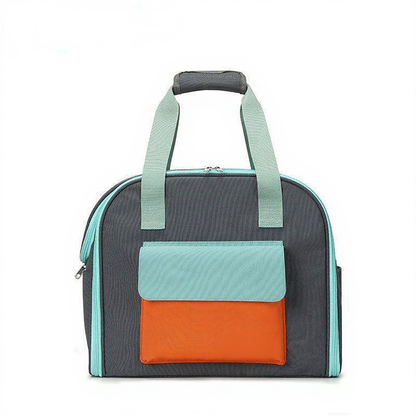Catvera Expandable Foldable Cat Carrier Tote - Image 2|||PROMPT|||Cleaned image. Original analysis: found 1 brand name printed on the product - 'FluffyBaby' label visible on the orange pocket section