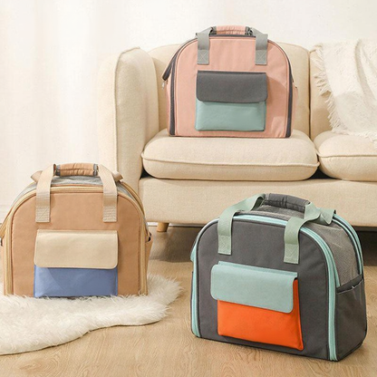 Catvera Expandable Foldable Cat Carrier Tote - Image 4|||PROMPT|||Cleaned image. Original analysis: Found multiple brand name logos on the bags themselves - 'LAND' or similar branding visible on the fabric patches of all three bags, plus a watermark text in the top left corner of the image