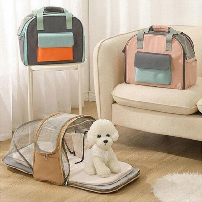 Catvera Expandable Foldable Cat Carrier Tote - Image 6|||PROMPT|||Cleaned image. Original analysis: Found brand name labels on multiple pet carriers/bags in the image