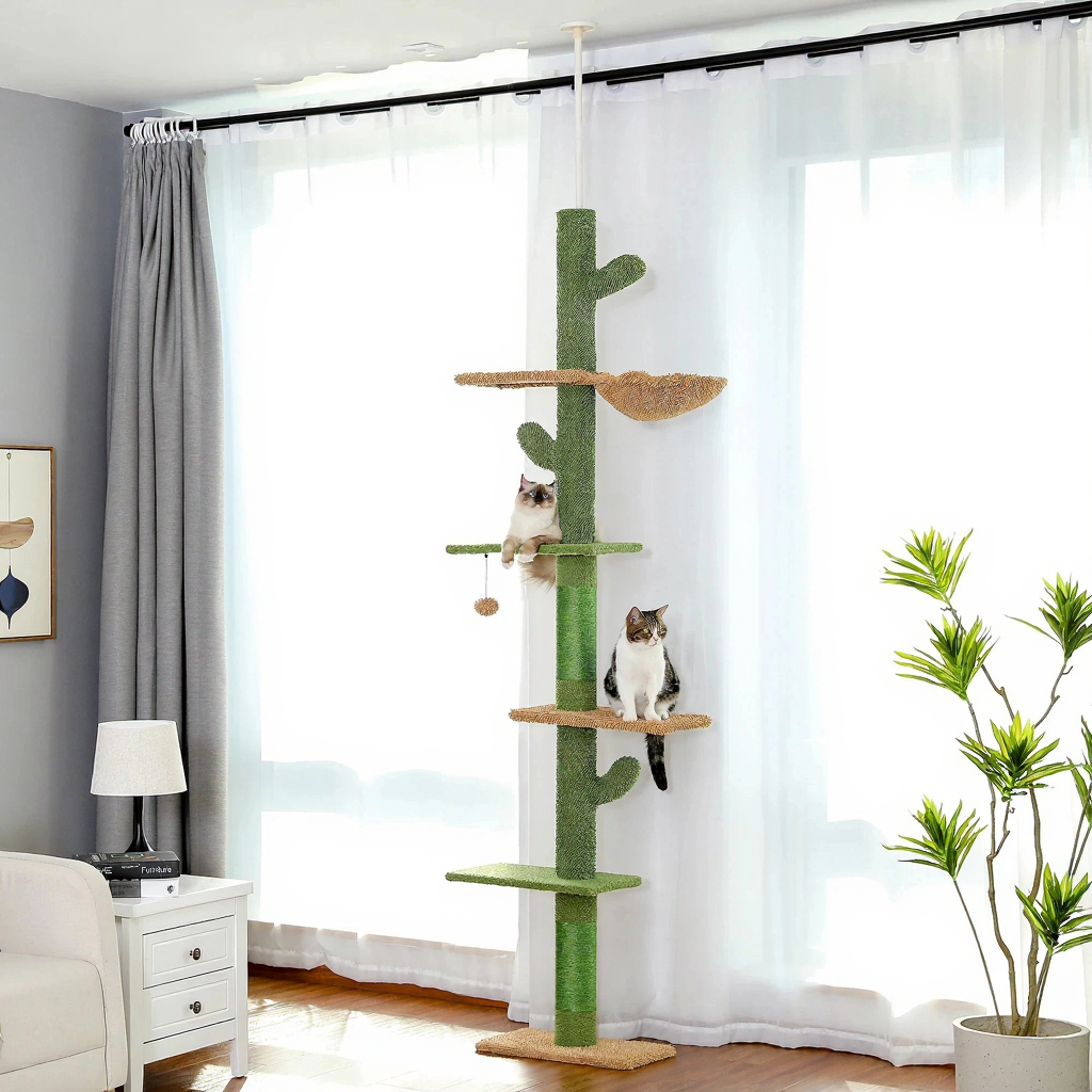 Catvera Floor Ceiling Cactus Cat Tree - Image 1|||PROMPT|||Cleaned image. Original analysis: Found 1 watermark logo in top left corner and 1 brand name in tagline